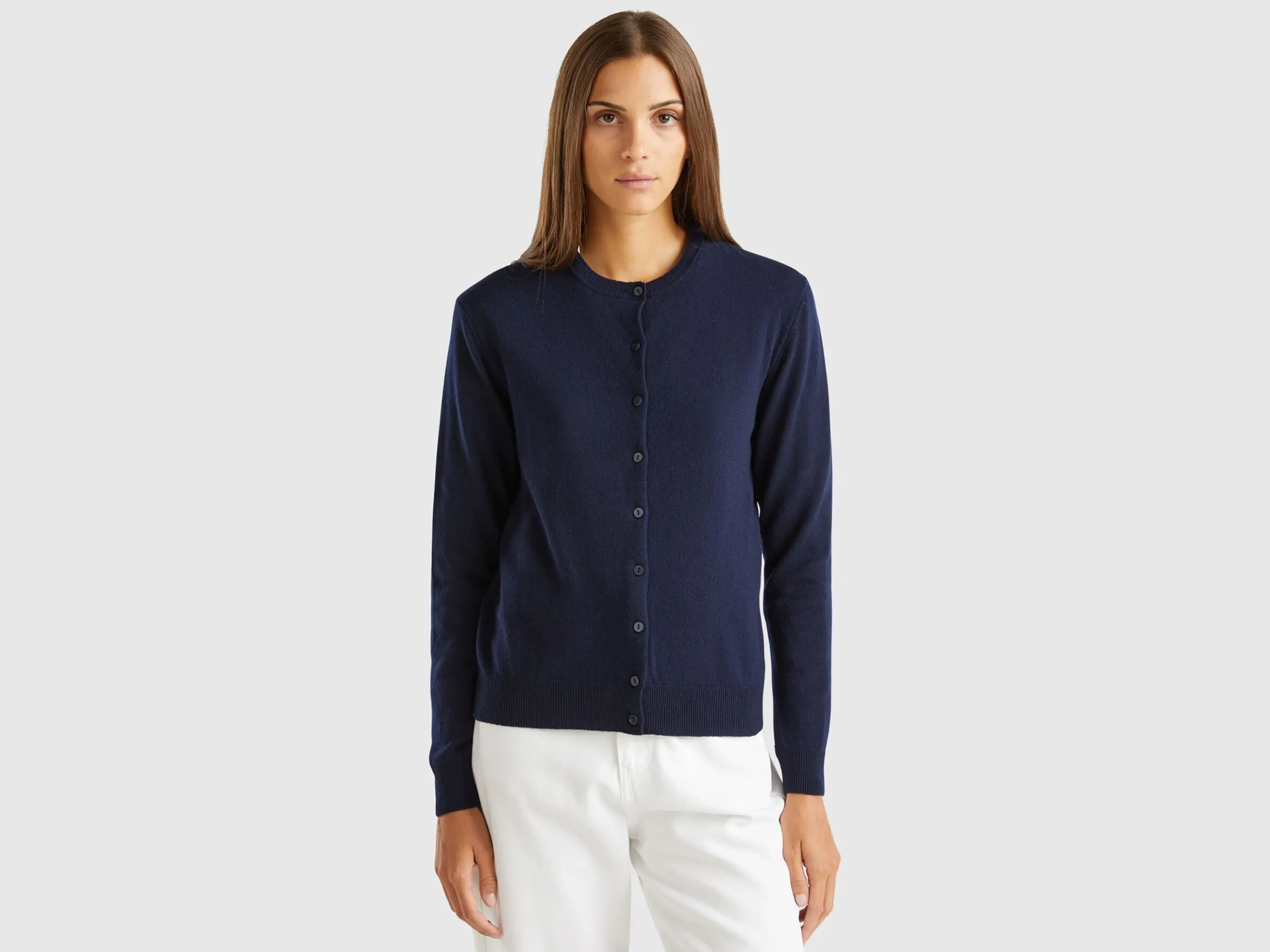 Dark blue crew neck cardigan in pure Merino wool