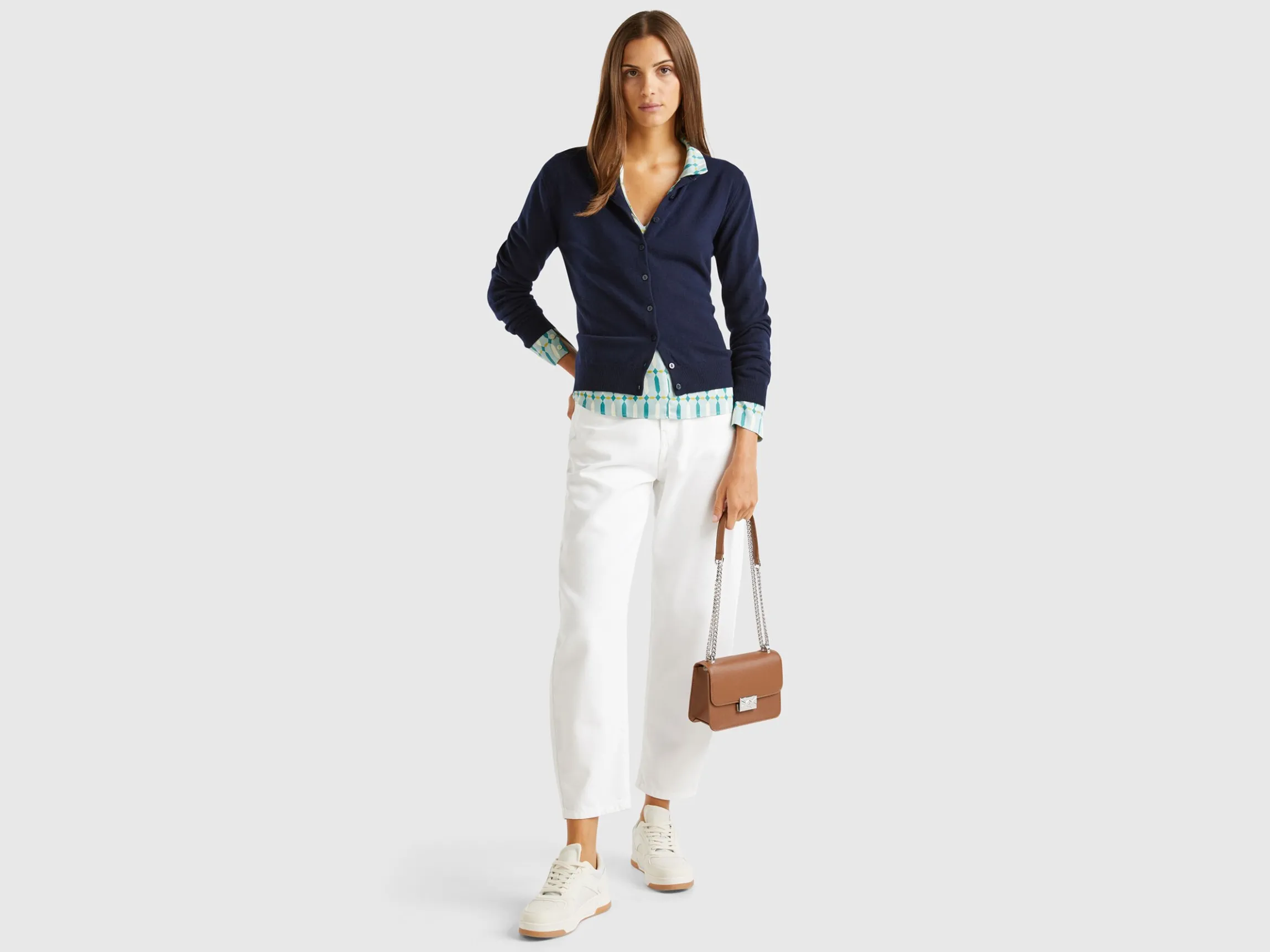 Dark blue crew neck cardigan in pure Merino wool