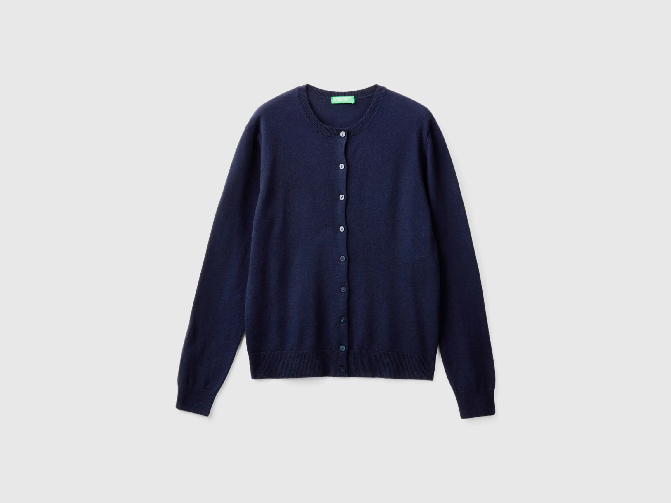 Dark blue crew neck cardigan in pure Merino wool