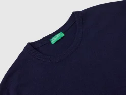 Dark blue crew neck sweater in pure Merino wool