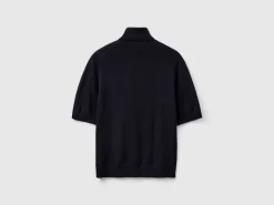 Dark blue short sleeve turtleneck in cashmere blend