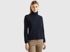 Dark blue turtleneck sweater in cashmere and wool blend