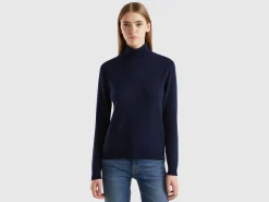 Dark blue turtleneck sweater in pure Merino wool