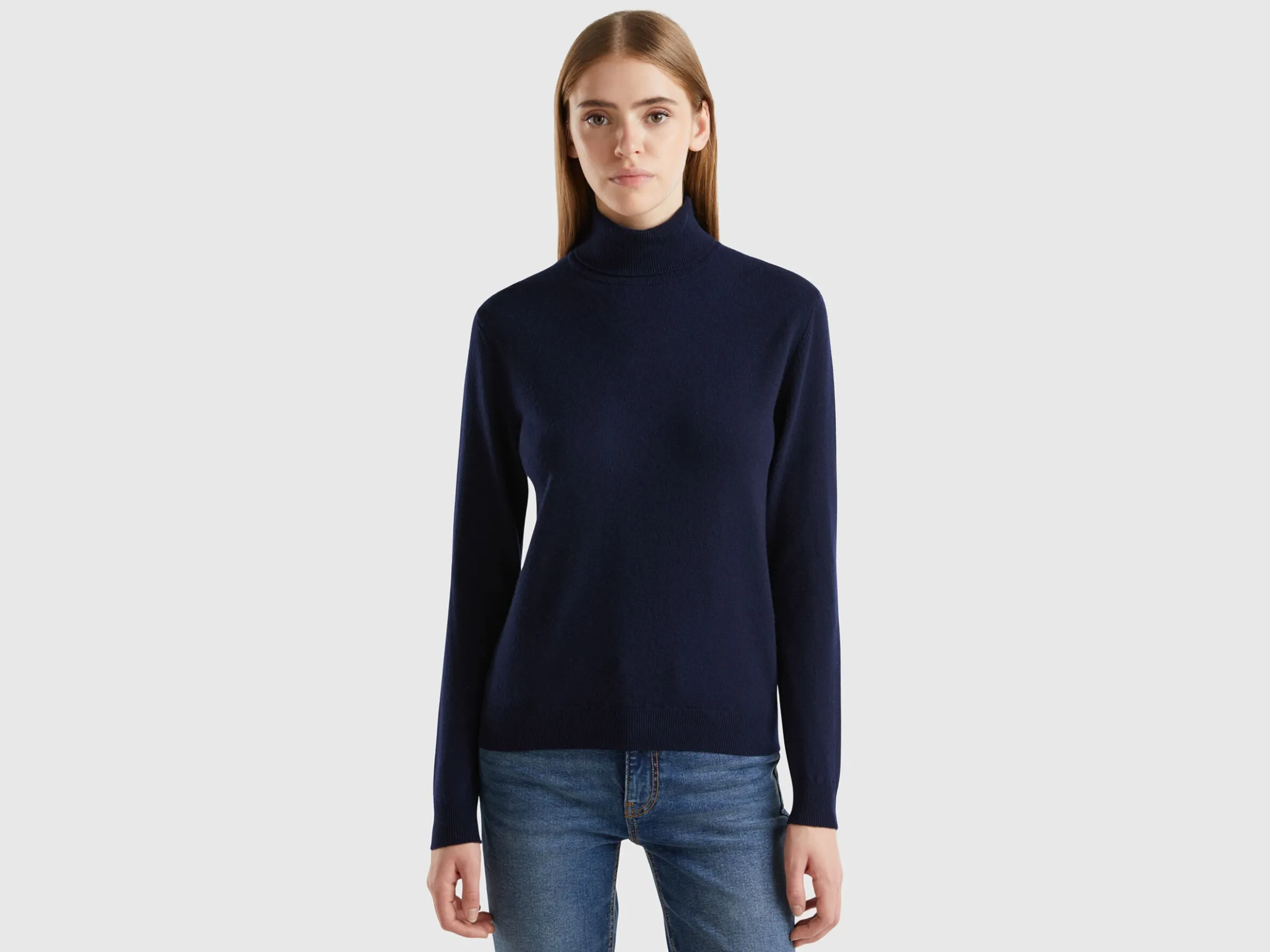 Dark blue turtleneck sweater in pure Merino wool