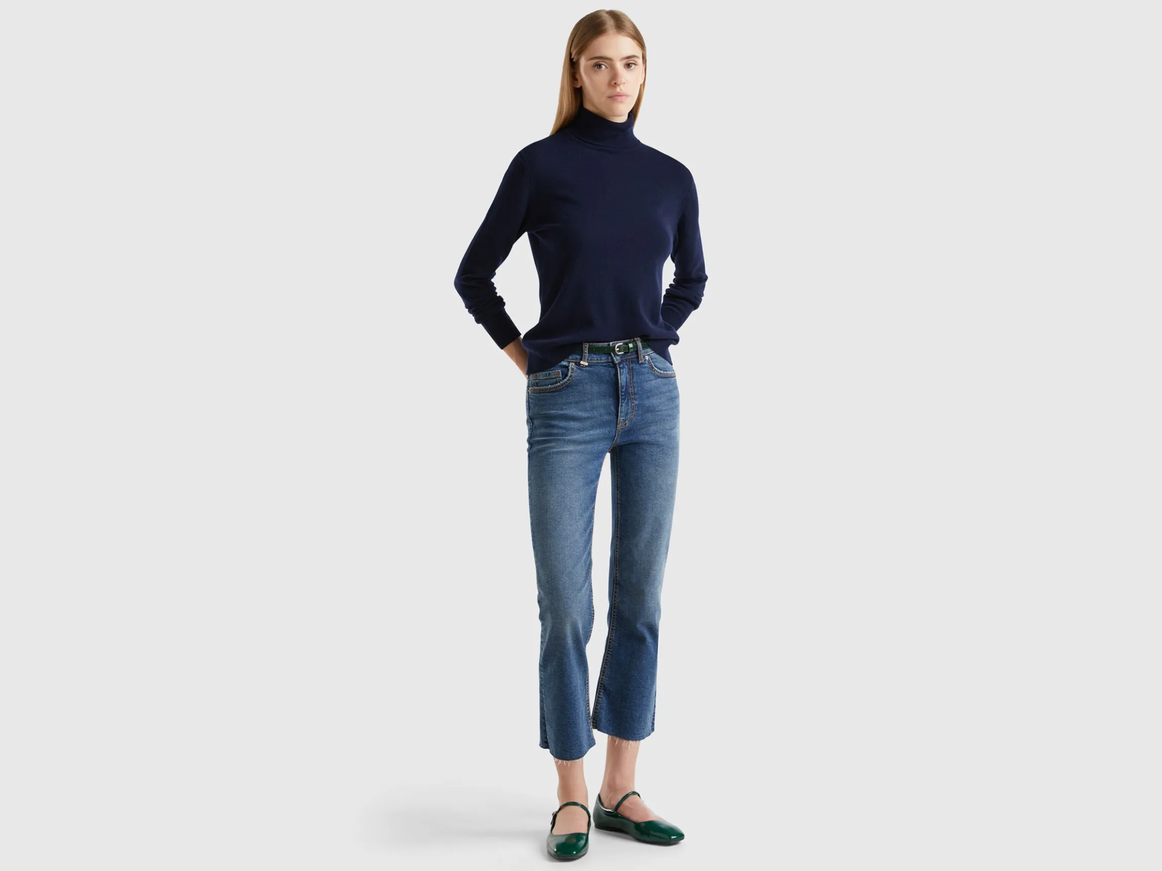 Dark blue turtleneck sweater in pure Merino wool