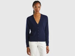 Dark blue V-neck cardigan in pure Merino wool