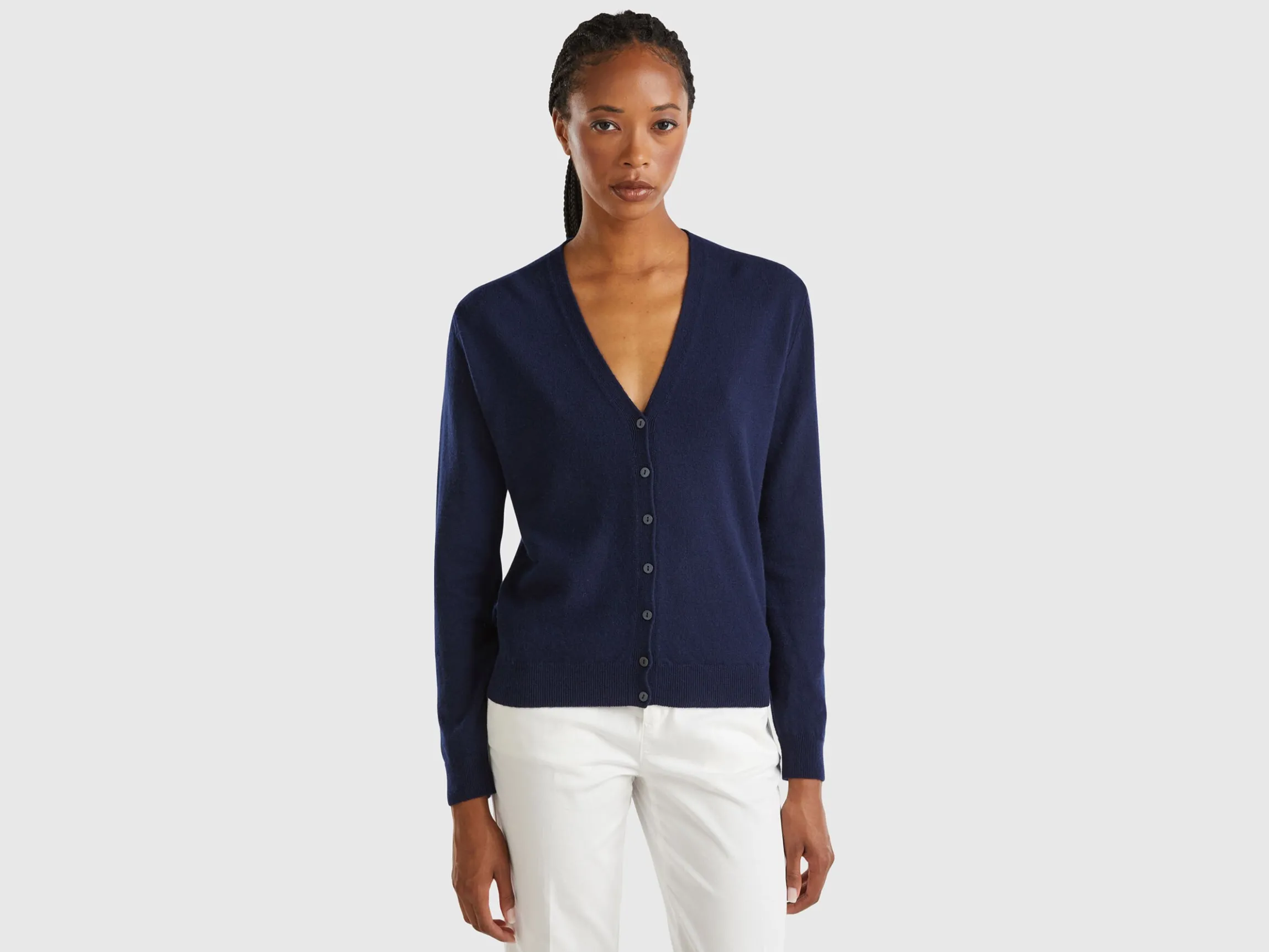 Dark blue V-neck cardigan in pure Merino wool