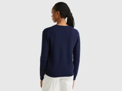 Dark blue V-neck cardigan in pure Merino wool