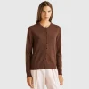 Dark brown crew neck cardigan in pure Merino wool