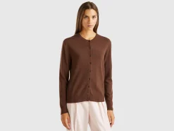 Dark brown crew neck cardigan in pure Merino wool