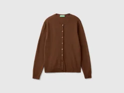 Dark brown crew neck cardigan in pure Merino wool