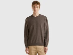Dark brown crew neck sweater in pure Merino wool