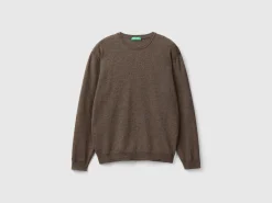 Dark brown crew neck sweater in pure Merino wool