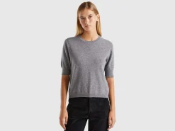 Dark gray short sleeve sweater in pure Merino wool