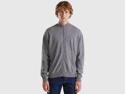 Dark gray zip-up cardigan in pure Merino wool