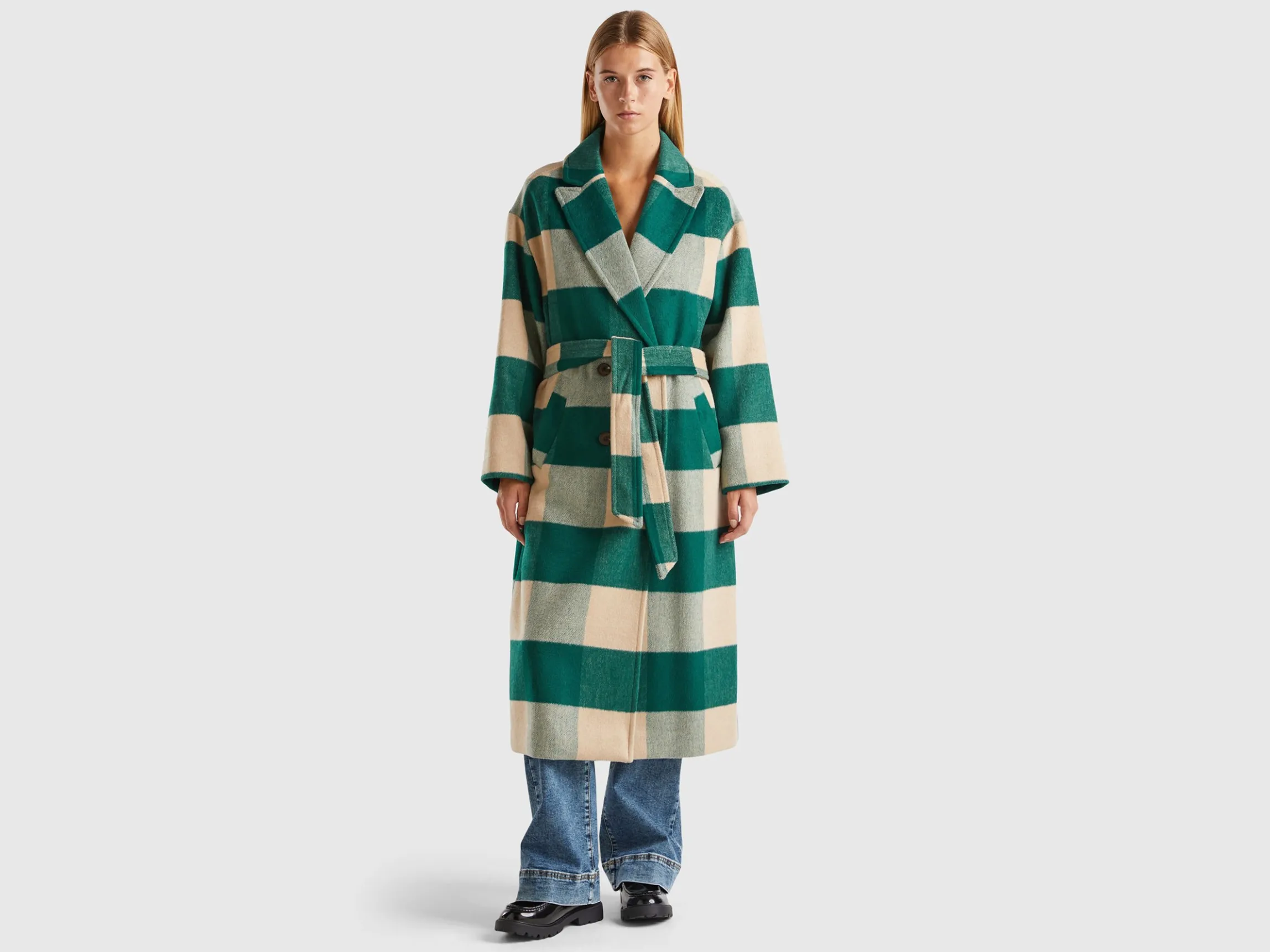 Double-breasted check coat