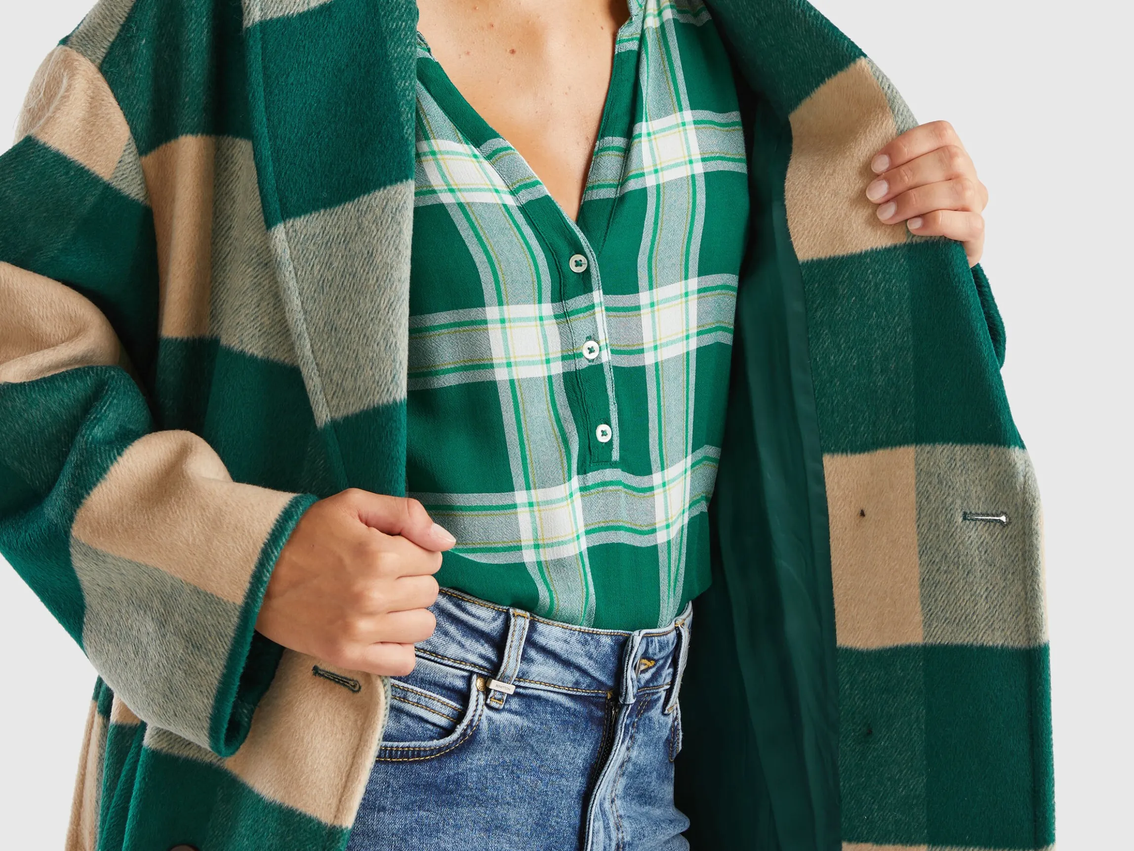Double-breasted check coat