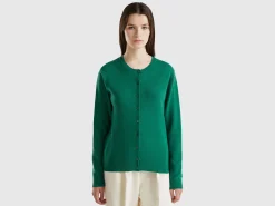 Forest green crew neck cardigan in pure Merino wool