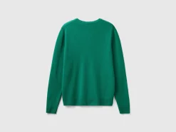 Forest green crew neck cardigan in pure Merino wool