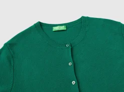 Forest green crew neck cardigan in pure Merino wool