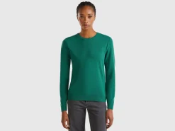 Forest green crew neck sweater in pure Merino wool