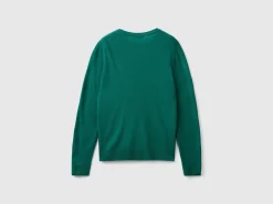 Forest green crew neck sweater in pure Merino wool