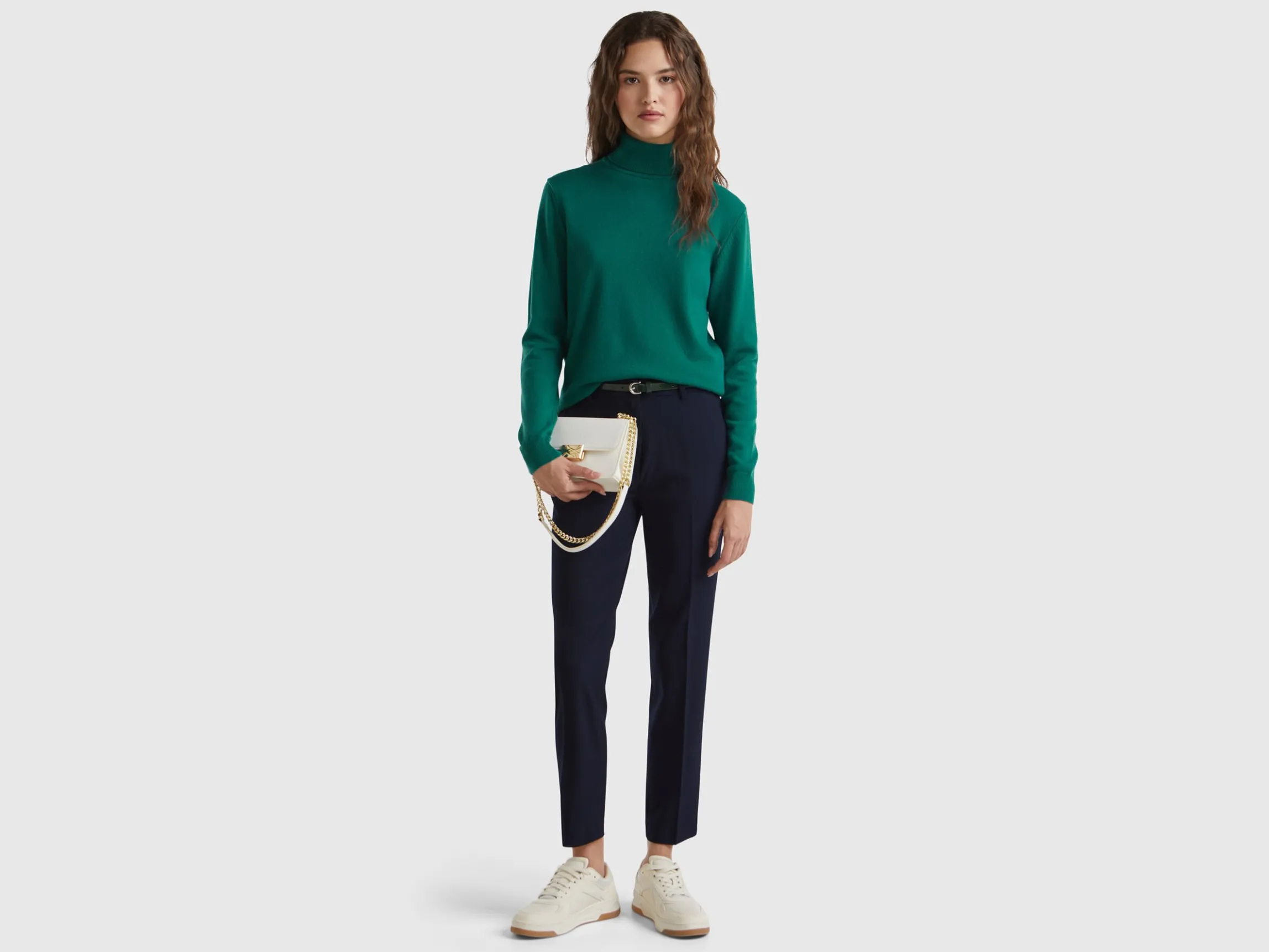 Forest green turtleneck sweater in pure Merino wool