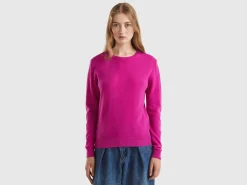 Fuchsia cyclamen crew neck sweater in pure Merino wool