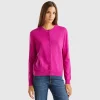 Fuchsia cyclamen crew neck cardigan in pure Merino wool