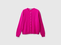 Fuchsia cyclamen crew neck cardigan in pure Merino wool