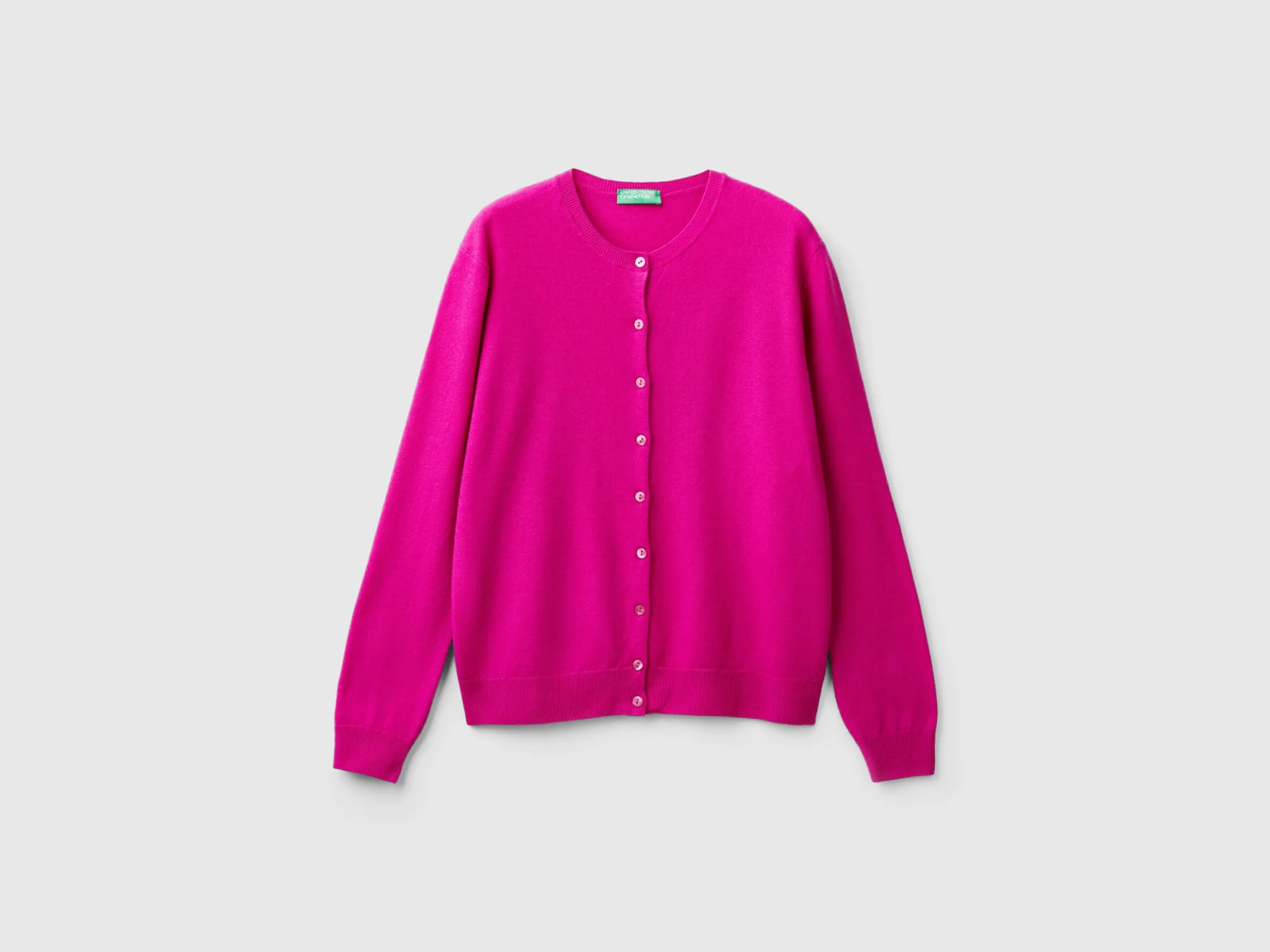 Fuchsia cyclamen crew neck cardigan in pure Merino wool