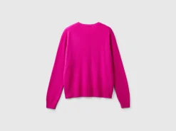 Fuchsia cyclamen crew neck cardigan in pure Merino wool