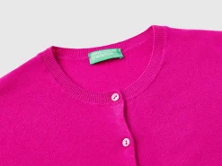 Fuchsia cyclamen crew neck cardigan in pure Merino wool