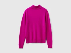 Fuchsia cyclamen turtleneck sweater in pure Merino wool
