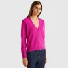 Fuchsia cyclamen V-neck cardigan in pure Merino wool