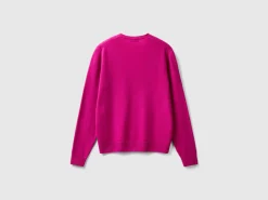 Fuchsia cyclamen V-neck cardigan in pure Merino wool