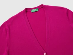 Fuchsia cyclamen V-neck cardigan in pure Merino wool
