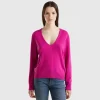 Fuchsia cyclamen V-neck sweater in pure Merino wool