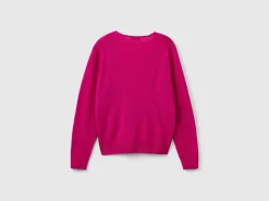 Fuchsia cyclamen V-neck sweater in pure Merino wool
