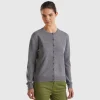 Gray crew neck cardigan in pure Merino wool