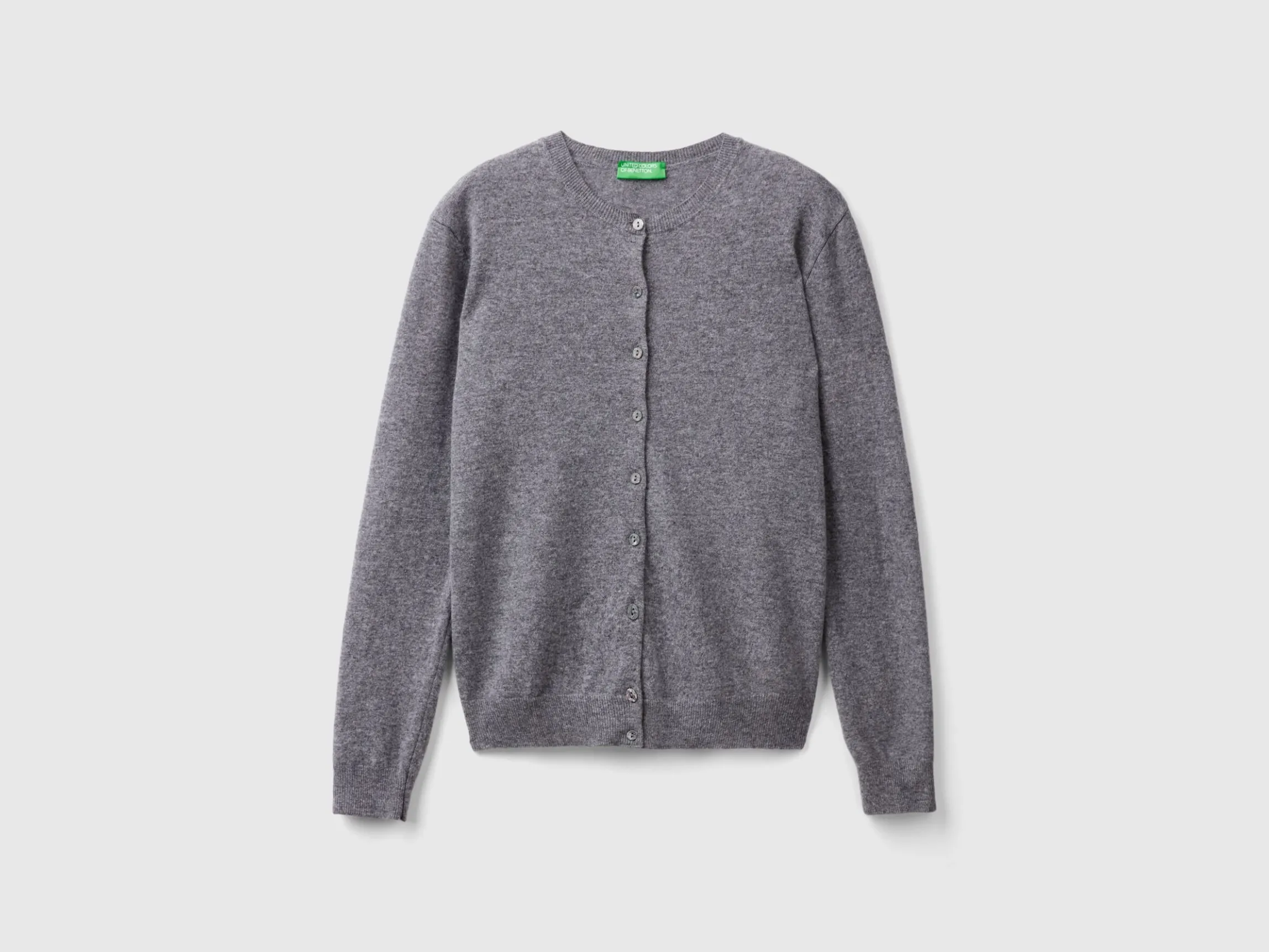 Gray crew neck cardigan in pure Merino wool