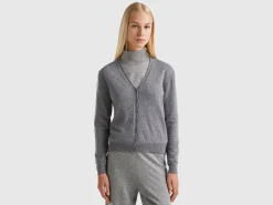 Gray V-neck cardigan in pure Merino wool