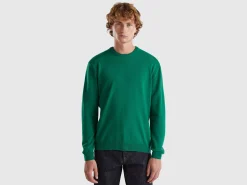 Green crew neck sweater in pure Merino wool