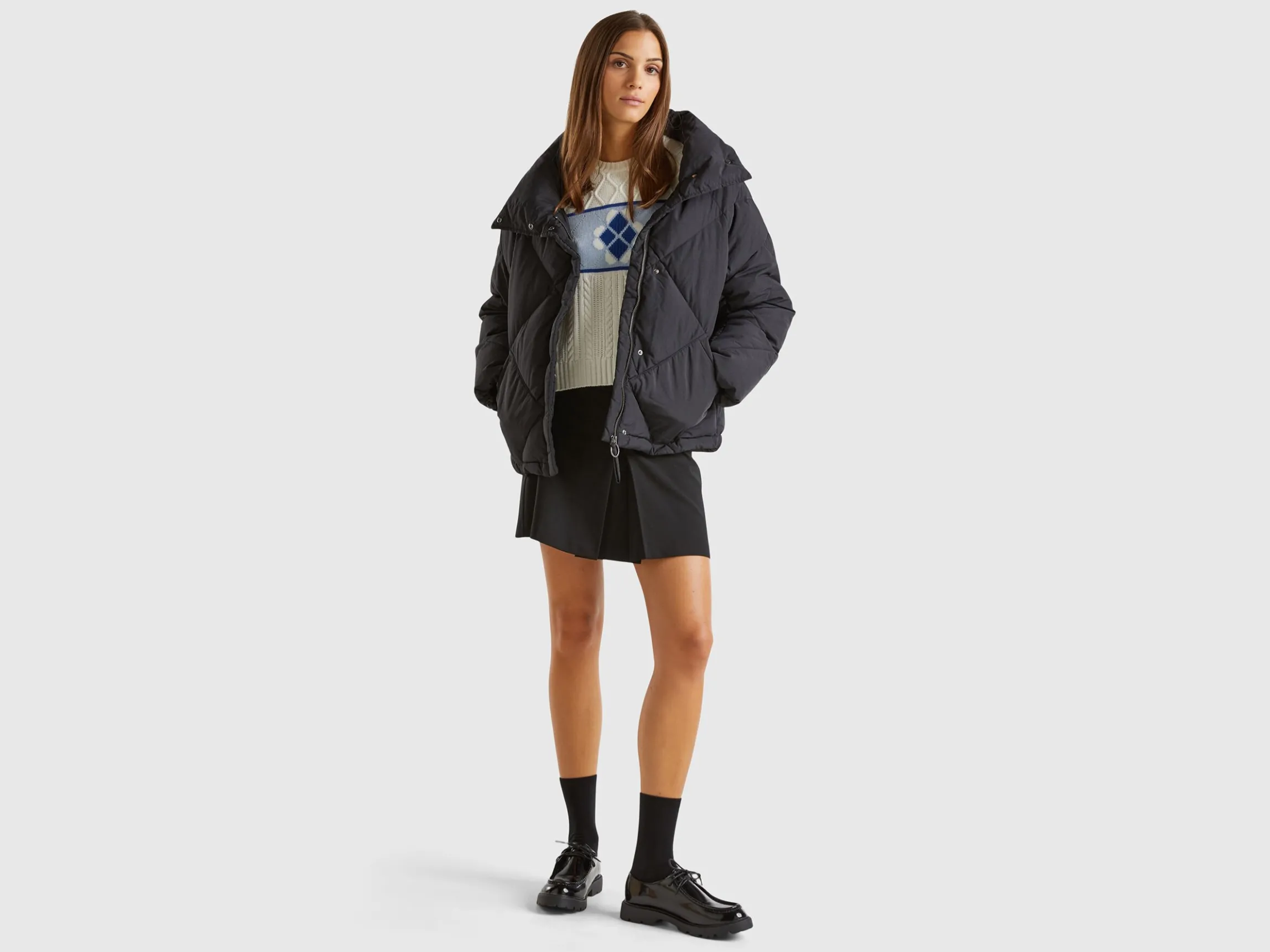 High collar puffer jacket in genuine recycled down