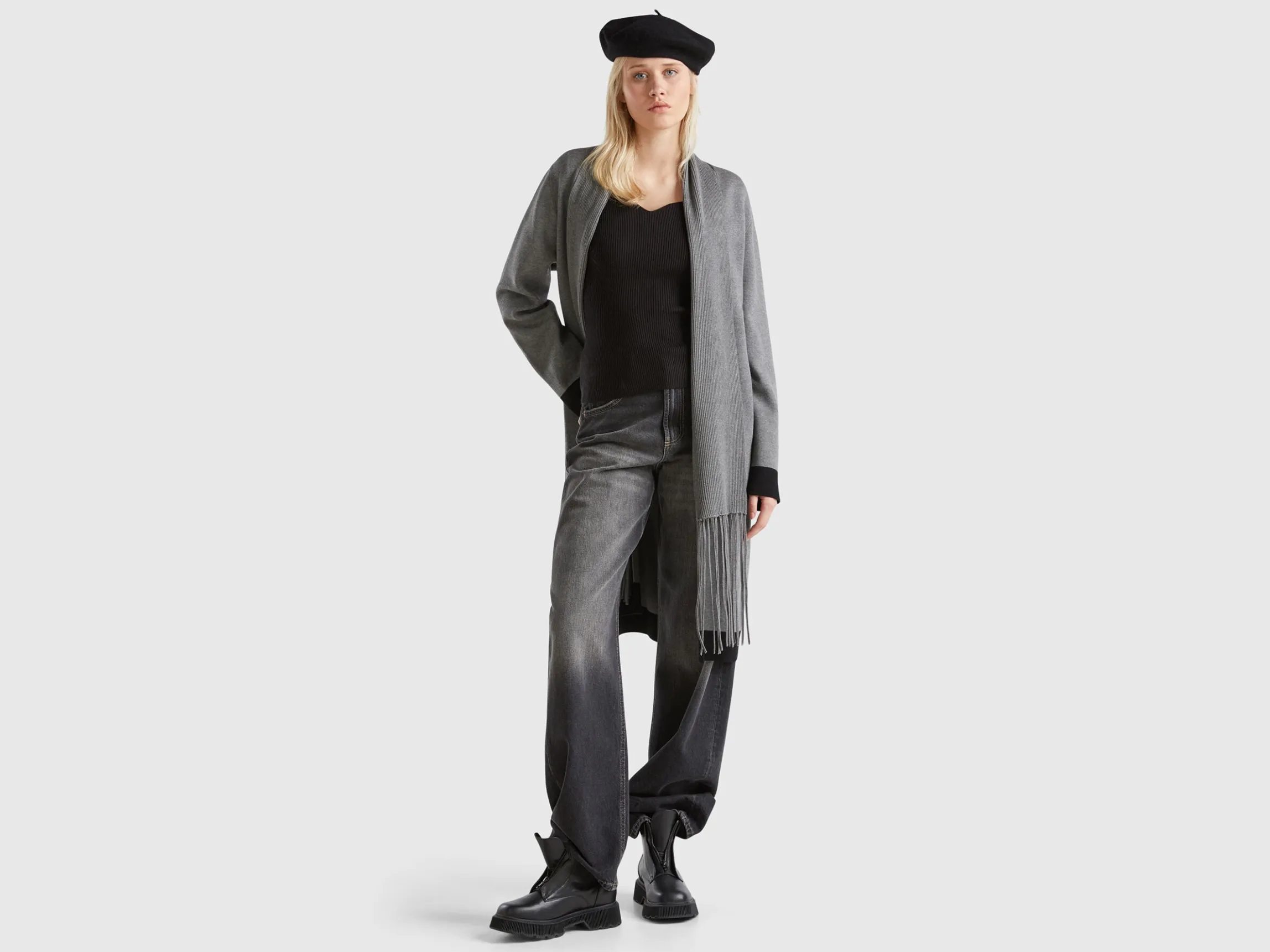 Knit coat with fringe