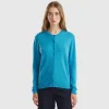 Light blue crew neck cardigan in pure Merino wool