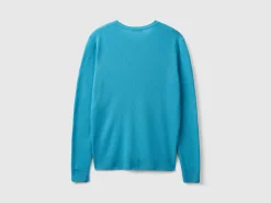 Light blue crew neck cardigan in pure Merino wool