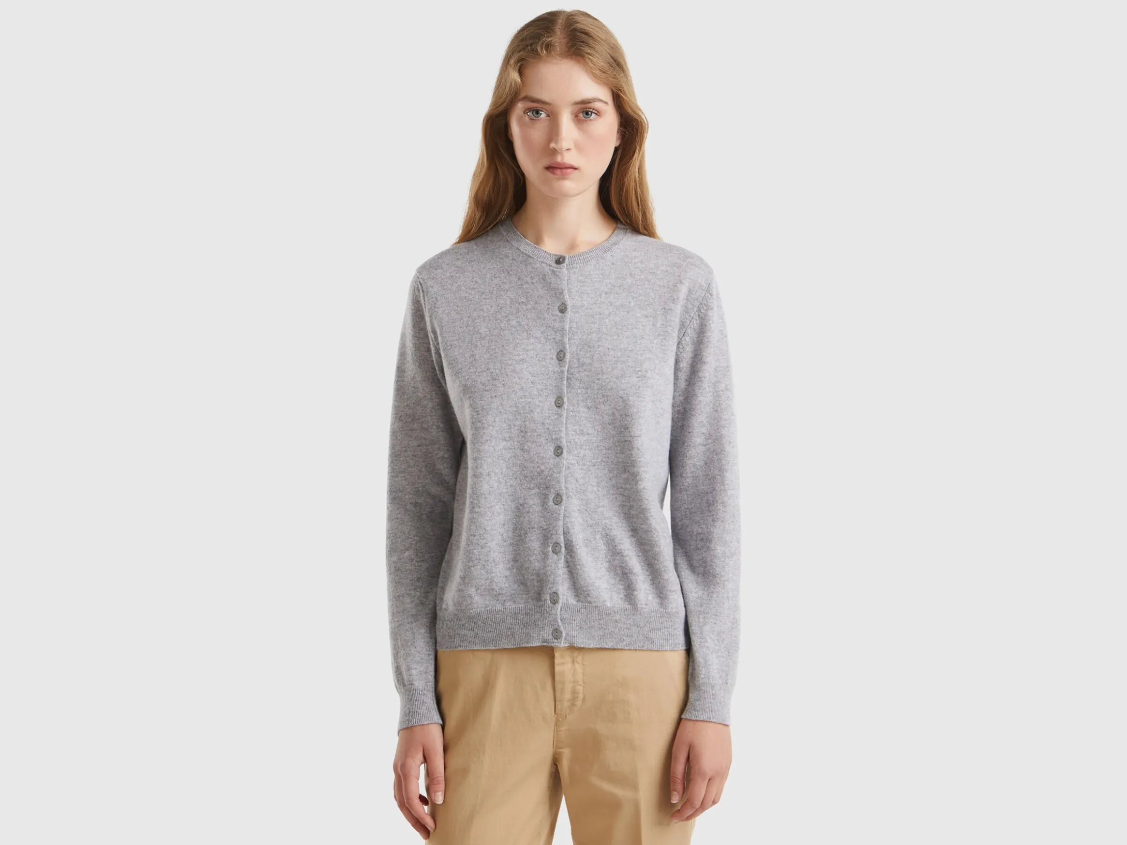 Light gray crew neck cardigan in pure Merino wool