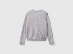 Light gray crew neck cardigan in pure Merino wool