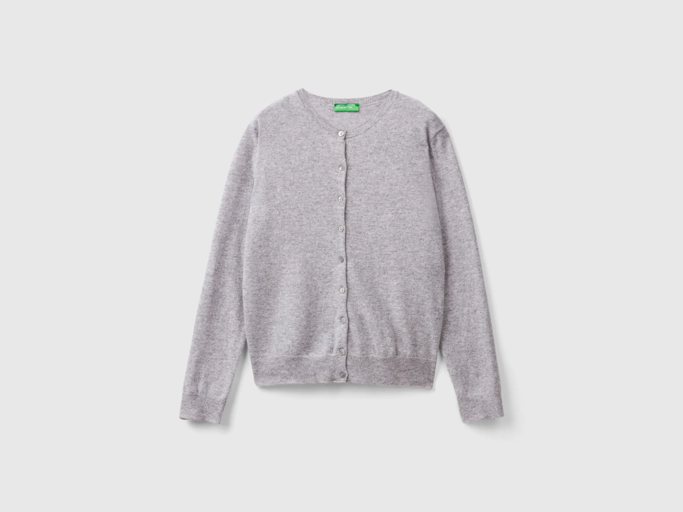 Light gray crew neck cardigan in pure Merino wool